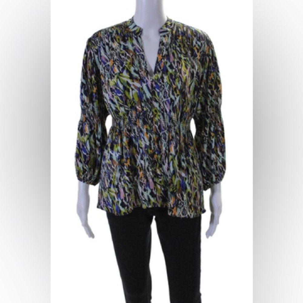 Diane Von Furstenberg Blue Black Graphic 3/4 Sleeve Blouse